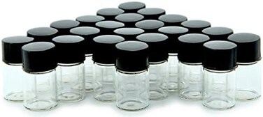Vivaplex 24, Clear, 1 ml (1/4 Dram) Glass Bottles, with Orifice Reducers and Black Caps