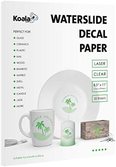 KOALA PAPER Waterslide Decal for Laser Printer - Clear Transparent - 25 Sheets Printable Water Slide Transfer - 8.5x11 Inches