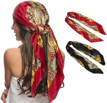 Senker Fashion 2 PCS Womens Satin Scarf Large Square Silk Feeling Head Hair Scarves Wraps for Sleeping 35 x 35 inches