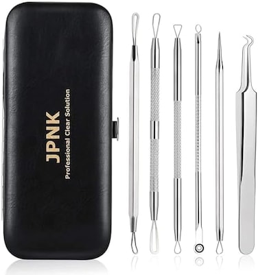 JPNK Blackhead Remover Tool Comedones Extractor Acne Removal Kit for Blemish, Whitehead Popping, 6 Pcs Zit Removing for Nose Face Tools with a Leather Bag