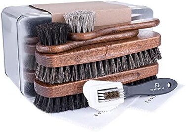 FootFitter Classic Shoe Shine 7-Piece Brush Set - 2 Daubers, 2 Horsehair Brushes, 2 Microfiber Shine Cloths, 1 Suede/Nubuck Sneaker Cleaner!