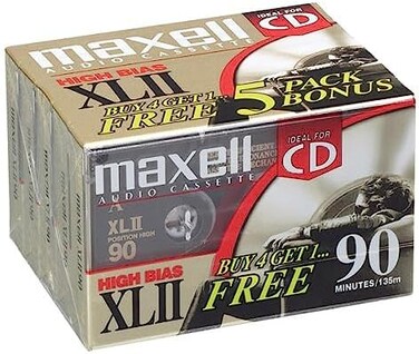 Maxell 90 High Bias Audio Cassette Tape, 5 Pack, Gold, 90 Minutes, High Bias, Cassette Tape