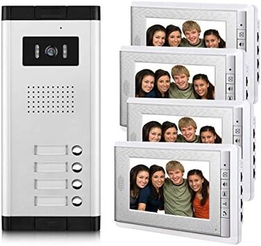 AMOCAM Apartment Video Intercom System, Wired 7 Inches Monitor Video Door Phone Kit, 4 Household Apartment Video Doorbell, Support Monitoring, Unlock, Dual Way Door Intercom, 1 PCS Camera 4 PCS Screen