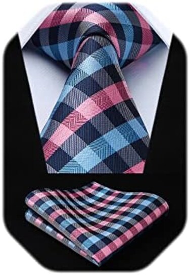 HISDERN Men's Wedding Tie and Handkerchief Houndstooth Check Plaid Tie Party Business Formal Necktie &amp; Pocket Square Set&hellip;