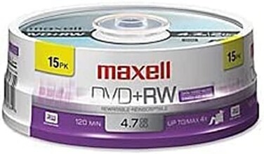 Maxell Dvd+rw Rewritable Disc, 4.7 Gb, 4x, Spindle, Silver, 15/pack