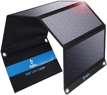 BigBlue 28W Solar Charger Foldable with Digital Ammeter, Outdoor Solar Powered Charger With SunPower Solar Panels Dual USB Ports(5V/4A Overall) for iPhone iPad Samsung Galaxy LG Cellphones and Devices