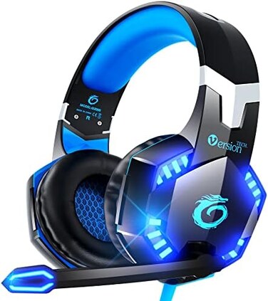 VersionTECH. G2000 Stereo Gaming Headset for Xbox One PS4 PC, Surround Sound Over-Ear Headphones with Noise Cancelling Mic, LED Lights, Volume Control for Laptop, Mac, PS3, Nintendo Switch Games -Blue