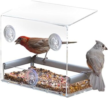PetFusion Tranquility Window Bird Feeder in Premium Lucite Acrylic. (I) Removable Tray, (II) 3 Perches, Clear