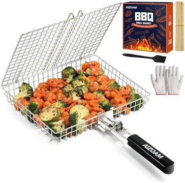 AIZOAM Izum Stainless Steel Barbecue Basket, Large Collapsible Barbecue Basket With Removable Handle, Barbecue Basket For Fish, Vegetables And Barbecue Accessories