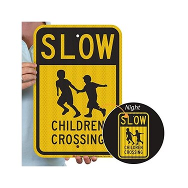 سمارت ساين - لافتة K-5198-HI-12x18 "Slow - Children Crossing"   12 انش × 18 انش 3M عاكس عالي الكثافة من الالومنيوم بلون اسود على اصفر