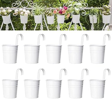 Dahey 10 Pcs Hanging Flower Pots Metal Iron Bucket Planter for Railing Fence Balcony Garden Home Decoration Flower Holders with Detachable Hooks, White, 4 Inches