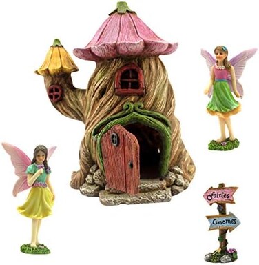 PRETMANNS Fairy Garden Fairy Houses - Fairy Garden Accessories, Fairy Garden Ornaments - Fairies for Fairy Garden - Fairy House &amp; Fairies - Fairy Garden House Kit - 4 Pieces