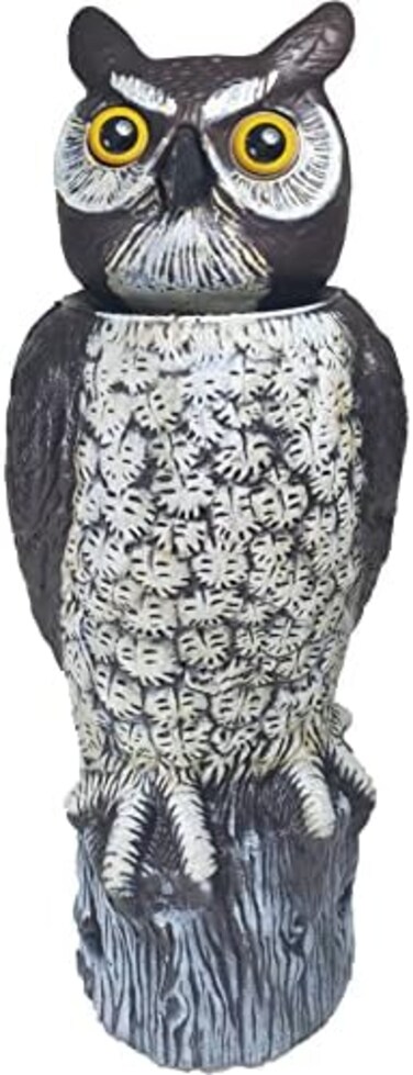Gardeneer by Dalen SOL-R Action Solar Fake Owl Decoy to Scare Birds Away from Gardens, Rooftops, and Patios - Scarecrow Provides Chemical-Free Pest Control - Safe and Humane, 18" 360&ordm; Rotating Head