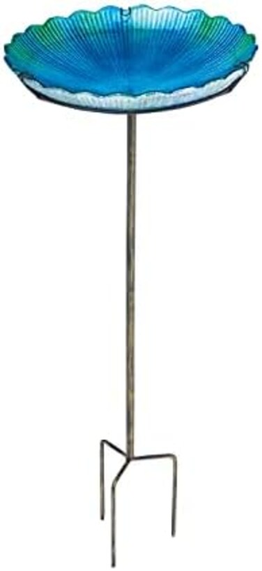 Evergreen Garden Blue Sea Glass Bird Bath with Metal Stake - 11&rdquo;L x 11" W x 26.75" H