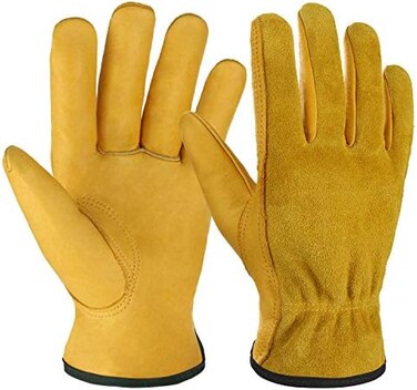 OZERO Leather Work Gloves Flex Grip Tough Cowhide Gardening Glove for Men and Women