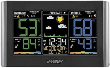La Crosse Technology Weather Station with Customizable Alerts, Weather Forecast, Temperature, Dew Point, Humidity, Time, Heat Index, Large Display, Adjustable Brightness, Wireless, Black, C85845-INT