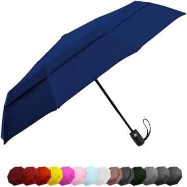 مظلات سفر مقاومة للرياح للمطر - خفيفة الوزن وقوية وصغيرة الحجم مع زر فتح / اغلاق تلقائي سهل للاستخدام بيد واحدة - مظلة مزدوجة التهوية للرجال والنساء