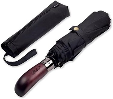 مظلة قابلة للطي من باليوس بمقبض من الخشب الحقيقي تفتح تلقائيا ومزودة بفتحات تهوية