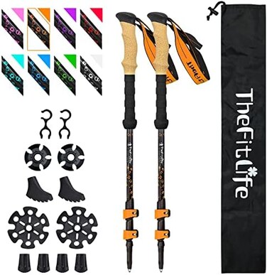 TheFitLife Carbon Fiber Trekking Poles &ndash; Collapsible and Telescopic Walking Sticks with Natural Cork Handle and Extended EVA Grips, Ultralight Nordic Hiking Poles for Backpacking Camping (Orange)