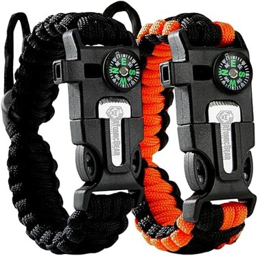 The Atomic Bear Paracord Bracelet (2 Pack) - Adjustable - Fire Starter - Loud Whistle - Perfect for Hiking, Camping, Fishing and Hunting - Black &amp; Black+Orange