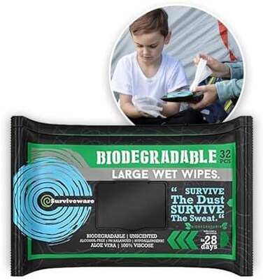 Surviveware Biodegradable Wet Wipes for No Rinse Bathing &amp; Shower- Great For Camping, Travel &amp; Body Cleansing - Vitamin E, Aloe, Flushable and Unscented - Ideal for Personal Cleaning and Hygiene