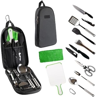 Life 2 Go Camp Cooking Utensil Set &amp; Outdoor Kitchen Gear Cookware Kit, Portable Compact Carry Case for Camping, Hiking, Travel, BBQ Grilling Stainless Steel Accessories Spoon &amp; Fork