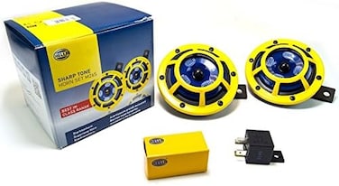 Hella H31000001 Sharptone 12V High Tone / Low Tone Twin Horn Kit With Yellow Protective Grill, Includes Relay, 2 Horns,Yellow/Set