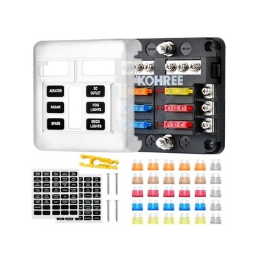كوهري 6 اتجاهات 12 فولت كتلة فيوز بليد 12 فولت، حامل صندوق فيوز مقاوم للماء، 6 دوائر كهربائية مع صندوق فيوز ناقل سالب مع مؤشر LED للسيارات والشاحنات والقارب والمركبات البحرية والمركبات الترفيهية