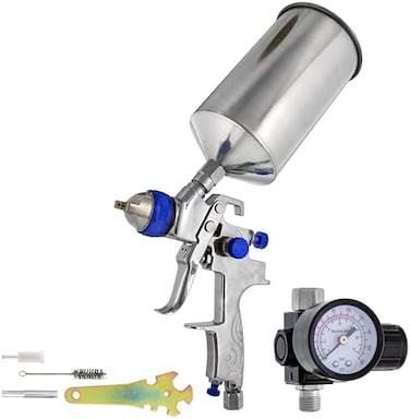 TCP Global Brand Professional New 2.5mm HVLP Spray Gun- Great for High Build Auto Paint Primer - Metal Flake Application and Any Heavy Bodied Paint or Primer Material -with Air Regulator