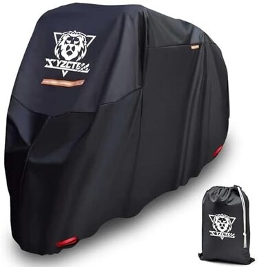 XYZCTEM Motorcycle Cover -Waterproof Outdoor Storage Bag,Made of Heavy Duty Material Fits up to 116 inch, Compatible with Harley Davison and All motors(Black&amp; Lockholes&amp; Professional Windproof Strap)