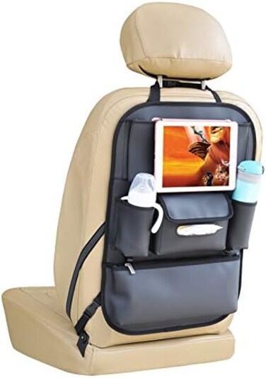 Viaviat Car Seat Organizers Waterproof Backseat Protector with Storage Pocket Large Leather Kick Mats for Kids Pets Automobile SUV Truck (Black, Large Pocket)