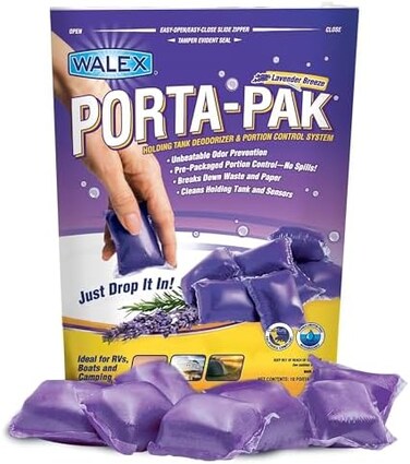 Walex Porta-Pak Black Holding Tank Deodorizer &amp; Portion Control System Drop-Ins - Rapid Breakdown of Waste &amp; Paper, Odor Prevention, Cleans Tank &amp; Sensors - Lavender Breeze, 10-Pack