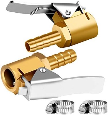 منفاخ اطارات نحاسي 1/4 انش بقفل على ظرف الهواء، ضاغط هواء صغير محمول لنفخ الاطارات، طرف خرطوم مع موصل بارب لاصلاح الخرطوم، عبوة من قطعتين