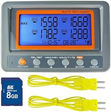 TEKCOPLUS Thermometer Thermocouple K Type 4- Channel SD Card Data Logger Temperature with Beeper and LED Alarm + 2 Bead Type Probe Wire Sensor