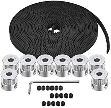 Zeelo GT2 Timing Belt Pulley, 8pcs 5mm 20 Teeth Timing Pulley Wheel and GT2 5 Meters Rubber 2mm Pitch 6mm Wide Timing Belt with Allen Wrench for 3D Printer CNC