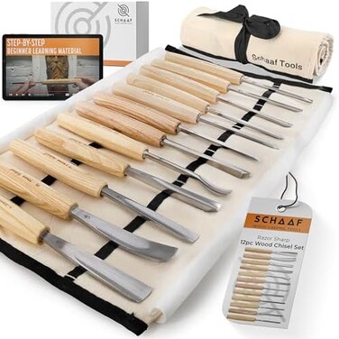 Schaaf Wood Carving Tools Set of 12 Chisels with Canvas Case   Wood Chisels for Woodworking   Wood Working Tools and Accessories   Wood Carving Chisels   Razor Sharp CR-V 60 Steel Blades   Wood Chise