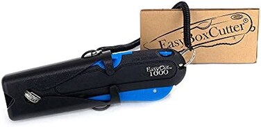 Easy Cut Modern Box Cutter, 3 Blade Depth Setting, Squeeze Trigger and Edge Guides, Holster, Lanyard, Extra Blade - 1000 Blue