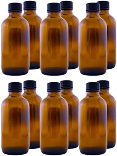GreenHealth Pack of 12-4 oz Amber Glass Boston Round Bottles w/Black Phenolic Cone Lined Caps