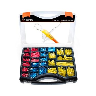 Wirefy Heat Shrink Crimp Connectors Kit - Marine Grade Electrical Connectors - Automotive Wire Terminals - Insulated Ring, Spade, Fork, Hook &amp; Butt Terminal Connectors - 22-10 Gauge - 540 PCS