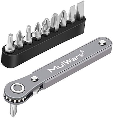 MULWARK 11pc 1/4 Mini Ratchet Wrench Close Quarters Pocket Screwdriver Set with High Torque &amp; Low Profile- Micro Right Angle EDC Tool with 90 Degree Mini Offset Reversible Drive Handle&amp; Multi Hex Bit