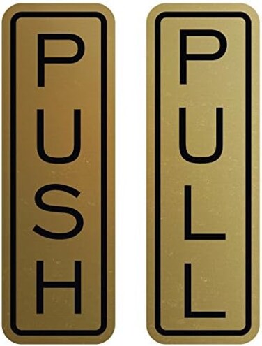All Quality Classic Vertical Push Pull Door Signs - Great for Glass Doors   Professional Looking Signs   Easy Installation Includes Double-Sided Foam Adhesive Tape (Brushed Gold) - Large (1 Pack)