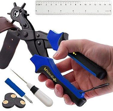 Skilled Crafter Leather Hole Punch Easily Punches Perfect Round Holes. FREE Ruler &amp; Awl Tool. Our Best Professional Puncher for Belt, Saddle, Tack, Watch Strap, Shoe, Fabric, Eyelet etc + 2Yr Wrnty