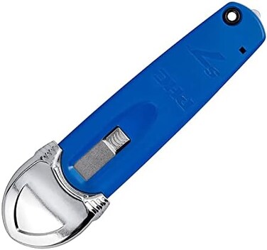 Pacific Handy Cutter S7 Safety Cutter, 3-in-1 Self-Retractable Utility Knife with Fold-Out Film Cutter, Bladeless Tape Splitter, Guard for Safety &amp; Damage Prevention, Blue