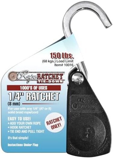 Rope Ratchet 1/4" Heavy-Duty Ratcheting Tie Down Rope Hanger with Hooks &ndash; Versatile Pulley System for Securing Medium-Duty Gear, Adjustable Hangers, and Outdoor Use, 150 lbs Capacity, Ratchet Only