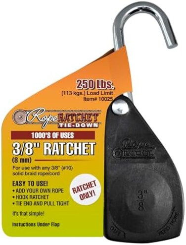 Rope Ratchet 10026 Ratcheting Tie Down Rope Hanger Pulley, 3/8" 250lb Weigh Capacity (Rope Ratchet Only, As Pictured)