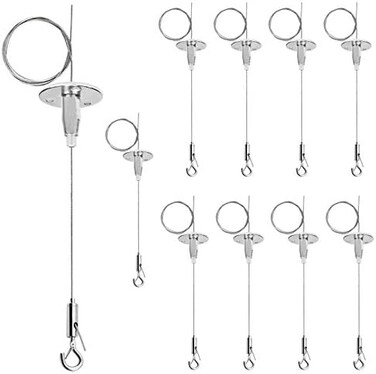 OTTFF 10 Pack Ceiling Sign Hanger 3.2 ft Suspension Cable Wire Rope Adjustable Length with Spring Hook Hanging Disc for LED Panel Light Billboards DIY Mounting Clamp Max Load 11 IB