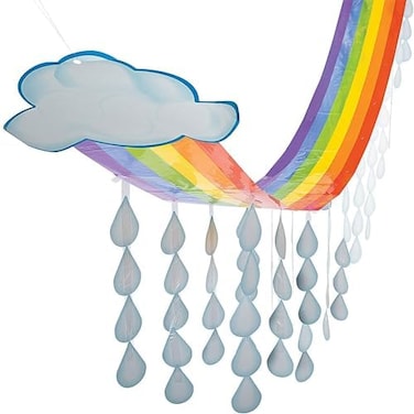 Fun Express Rainbow and Cloud Ceiling Decorations Hanging - 12-Foot Rainbow Ceiling Clouds with Rain Drops - Easy to Install Elevate Any Room with a Colorful Hanging Rainbow Clouds Decorations Party
