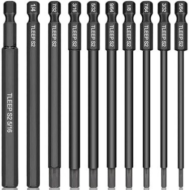 TLEEP 10 x Long 100MM 1/4 Inch Hex Head Allen Wrench Drill Bits, 5/16&rdquo; to 5/64&rdquo;, SAE, Magnetic Tips Screwdriver Socket Bit Set for Ikea Type Furniture (S2 Steel 5/16 inch to 5/64 inch)