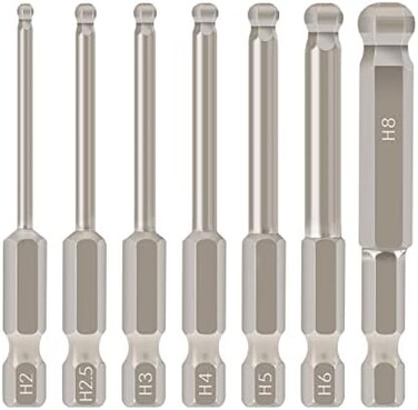 Toolcool 7pcs Metric Ball End Hex Screwdriver Bit Set 1/4 Inch Hex Shank Ball End Allen Driver bits Magnetic 65MM Length 2MM 2.5MM 3MM 4MM 5MM 6MM 8MM