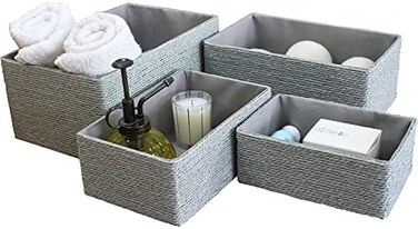 LA JOLIE MUSE Storage Baskets Set 4 - Stackable Woven Basket Paper Rope Bin, Storage Boxes for Makeup Closet Bathroom Bedroom (Gray)